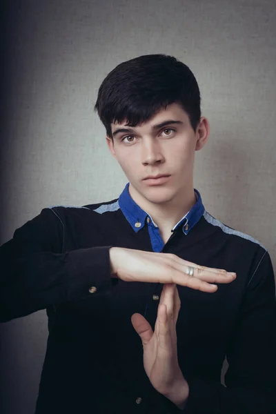 Man Showing Gesture Stop Timeout Hands Crossed Gray Background — Stock Photo, Image