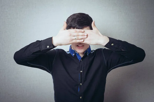 Man Covered His Face His Hands Gray Background — Stock Photo, Image