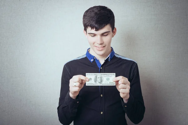 Retrato Jovem Sorridente Segurando Fanned Eua Moeda Papel — Fotografia de Stock