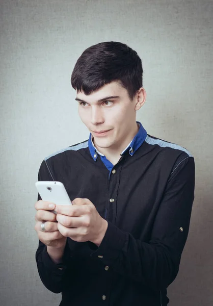 Man Dials Sms White Mobile Phone — Stock Photo, Image