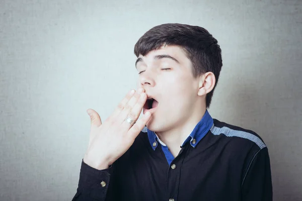 Young Man Yawns Covered His Mouth Hand — Stock Photo, Image