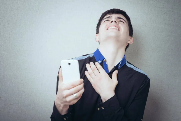 Smart Phone Scams Concept Shocked Guy Holding Smart Phone His — Stock Photo, Image