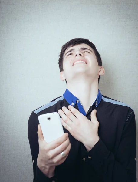 Smart Phone Scams Concept Shocked Guy Holding Smart Phone His — Stock Photo, Image