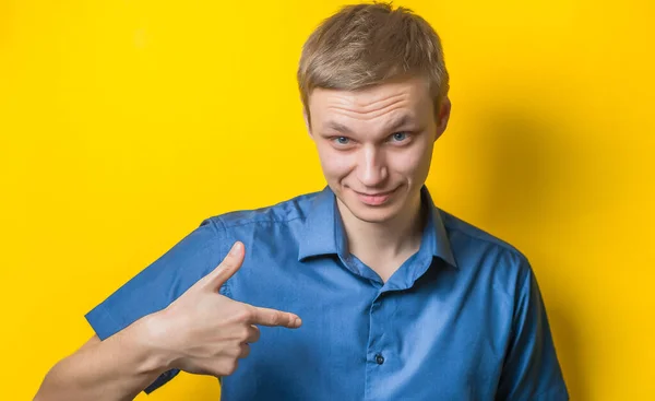Young Guy Pointing Himself Questioning Look Say Who Isolated White — Stock Photo, Image