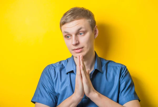 Blond Young Man Folded His Hands Prayer God Prayer Gesture — Stock Photo, Image