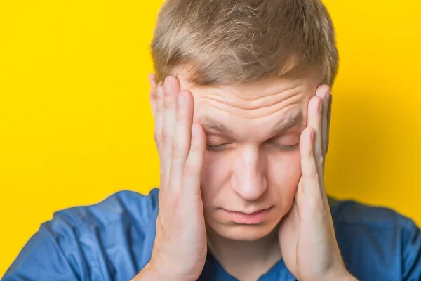 Portrait Young Naked Man Closed Face Two Hands Isolated Yellow — Stock Photo, Image