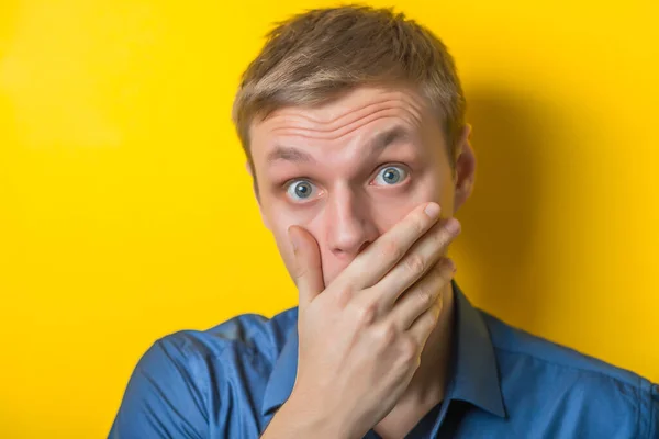 Blond Young Man Shock Surprise Gesture Isolated Yellow Background — Stock Photo, Image