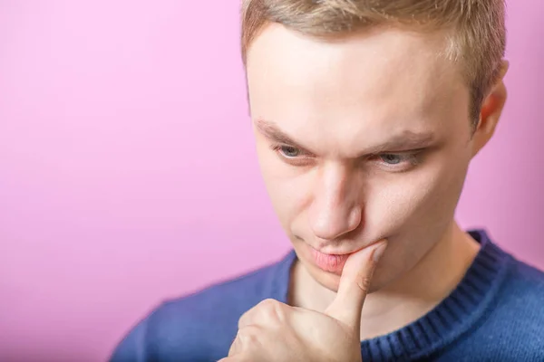 Sad Young Man Looking Finger His Mouth Gesture Purple Background — Stock Photo, Image