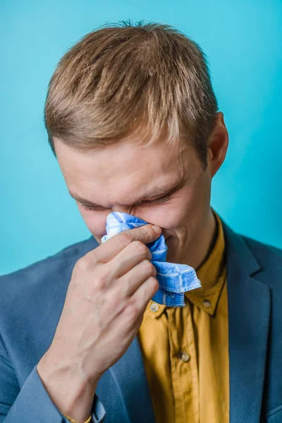 Young Man Blows His Nose Handkerchief — Stock Photo, Image