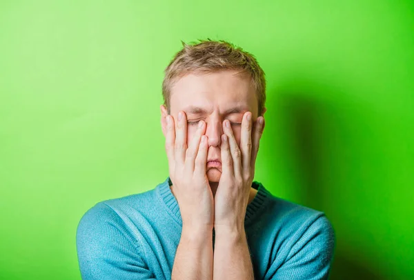 Young Man Upset Hands Face — Stock Photo, Image