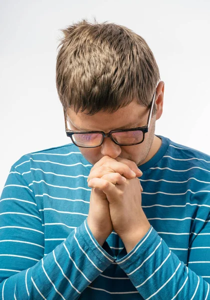 Young Man Glasses Prays — Stock Photo, Image