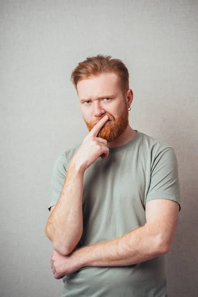 Man Thinks Finger Mouth — Stock Photo, Image