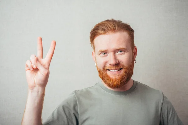Young Hipster Red Bearded Man Doing Victory Gesture — Stock Photo, Image