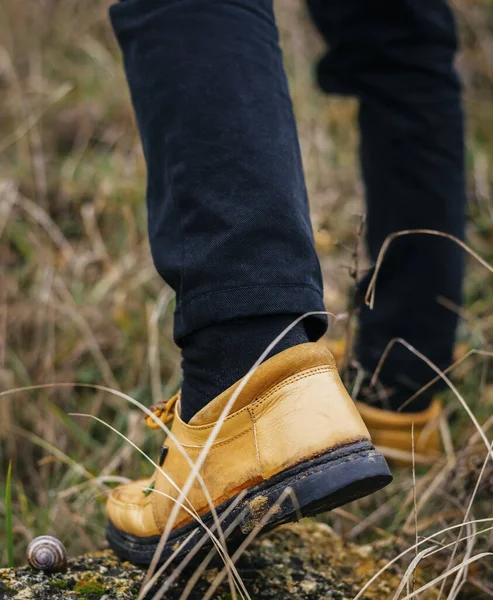 Patika boyunca yürüyen bir yürüyüşçünün dikiz görüntüsü.