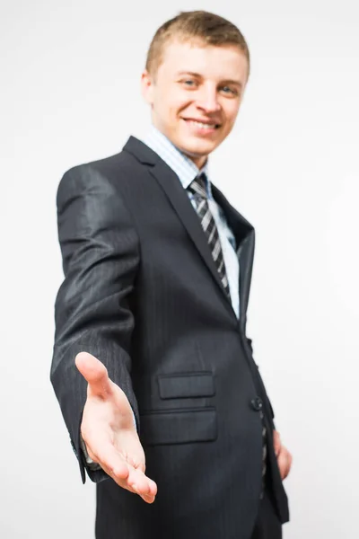 Close Businessman Hand Held Out Handshake Isolated White Clipping Path — Stock Photo, Image