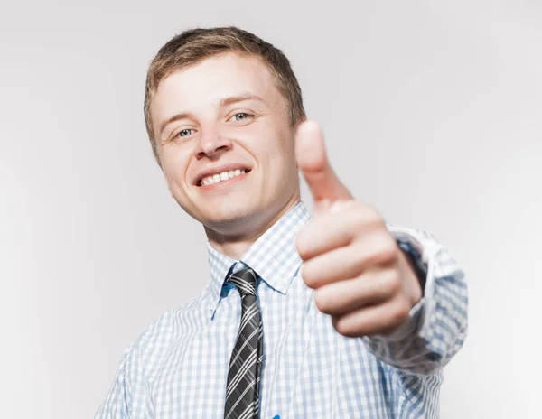 Przystojny Młody Biznesmen Trzymać Rękę Kciukiem Góry Gest Biznesmen Podekscytowany — Zdjęcie stockowe