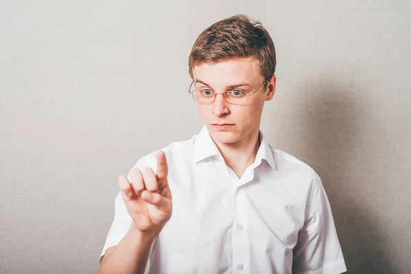 Mann Mit Brille Hat Die Idee Hebt Den Finger — Stockfoto