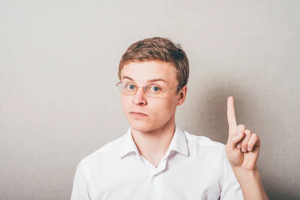 Man Glasses Has Idea Raised His Finger — Stock Photo, Image