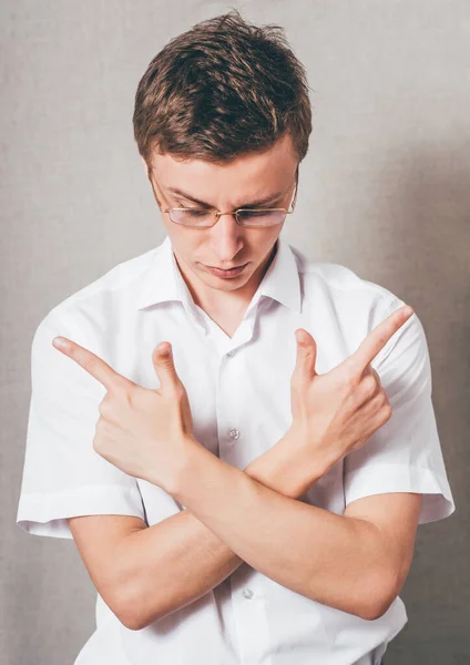 Man Glasses Makes Gesture Killer Pointing Fingers Guns Arms Crossed — Stock Photo, Image