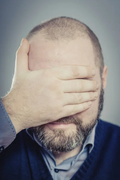 Young Man Closes His Eyes His Hands — Stock Photo, Image