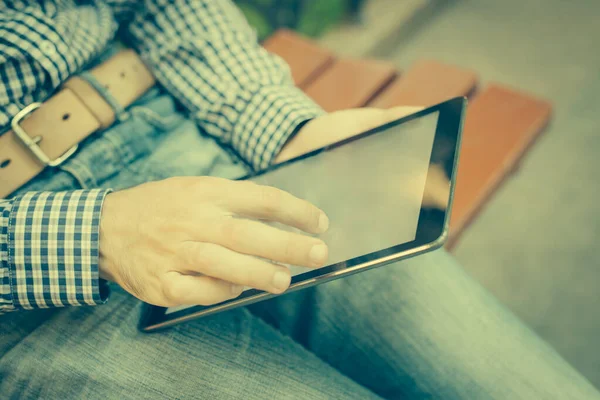 Man Uses Tablet Modern Gadget Hand — Stock Photo, Image