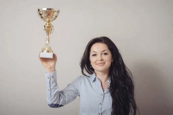 Portrait Happy Businesswoman Keeping Golden Cup Concept Victory Success — Stock Photo, Image