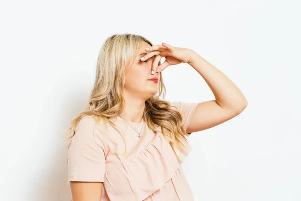 Stench Closes Woman Nose — Stock Photo, Image