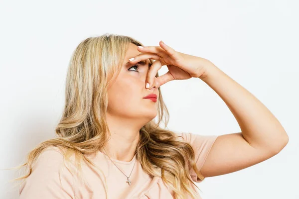 Stench Closes Woman Nose — Stock Photo, Image