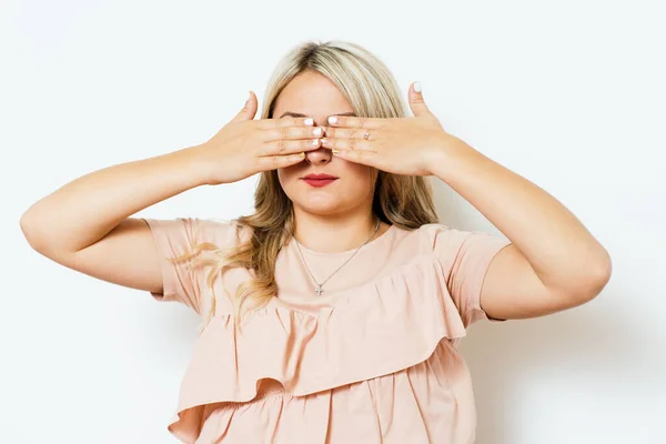 Woman Closes Eyes Her Hands — Stock Photo, Image