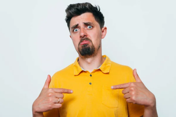 Male Hand Forefinger Pointing Himself Chest Gesture Who — Stock Photo, Image