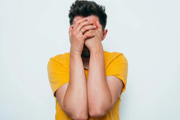 Man Covered His Face His Hands — Stock Photo, Image