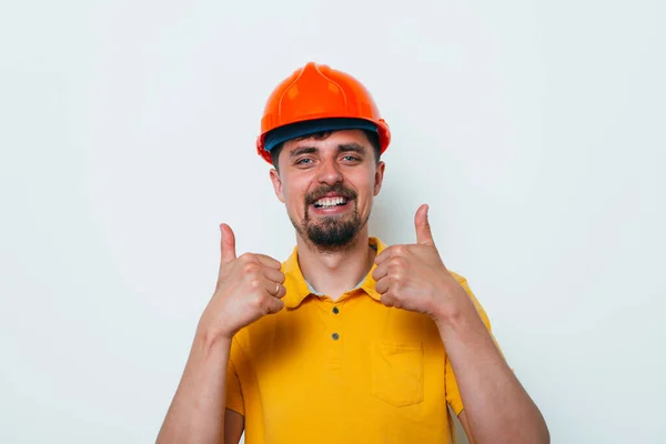 Homem Com Capacete Mostra — Fotografia de Stock