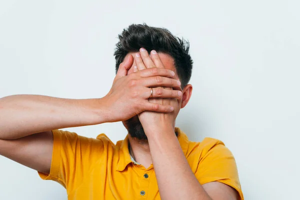 Man Covered His Face His Hands — Stock Photo, Image