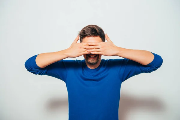 Man Closes Eyes Her Hands — Stock Photo, Image