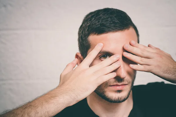 Man Closes Eyes Her Hands — Stock Photo, Image