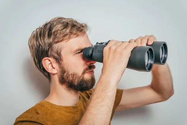 Man Binoculars Gray Background — Stock Photo, Image