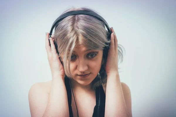 Woman Headphones Studio Background — Stock Photo, Image