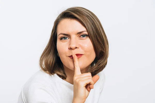 Vrouw Stak Vinger Haar Lippen — Stockfoto