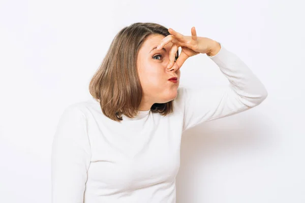 Stench Closes Woman Nose — Stock Photo, Image