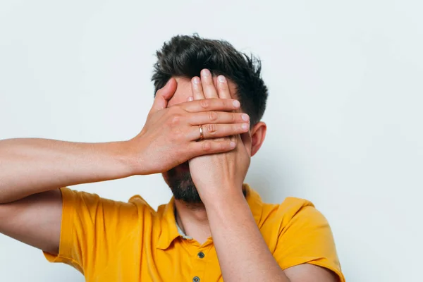 Man Covered His Face His Hands — Stock Photo, Image