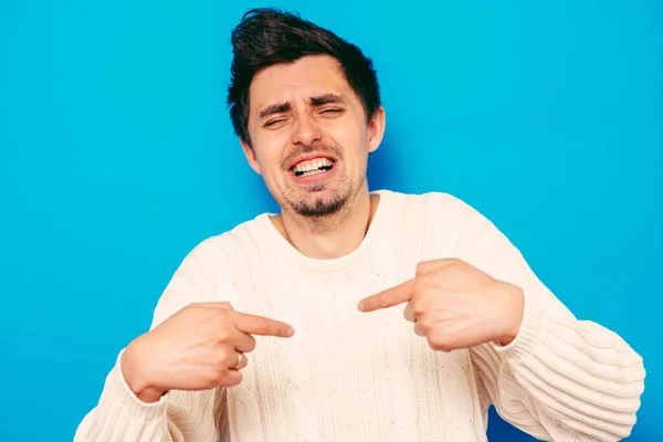 Male Hand Forefinger Pointing Himself Chest Gesture Who — Stock Photo, Image