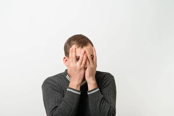 Man Covers His Face Hand — Stock Photo, Image