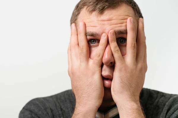 Man Covers His Face Hand — Stock Photo, Image