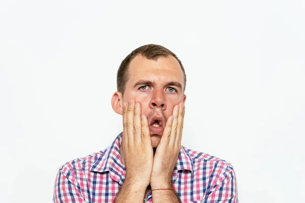 Hombre Triste Agotado Contra Fondo Estudio —  Fotos de Stock