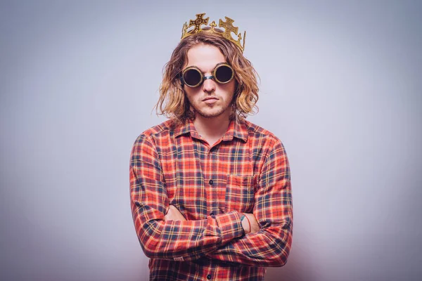 Man Toy Plastic Crown His Head Sunglasses Crossed His Arms — Stock Photo, Image