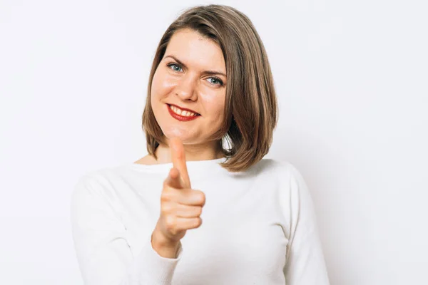 Studio Portrait Beautiful Girl Pointing Camera — Stock Photo, Image