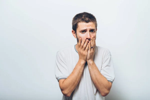 Man Closes Mouth Hands — Stock Photo, Image