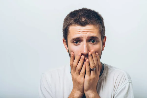 Man Closes Mouth Hands — Stock Photo, Image