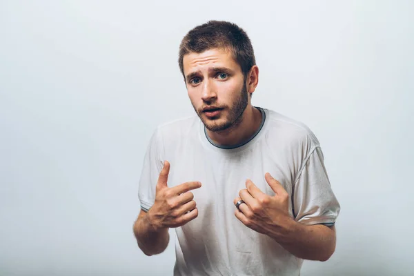 Male Hand Forefinger Pointing Himself Chest Gesture Who Gray Background — Stock Photo, Image