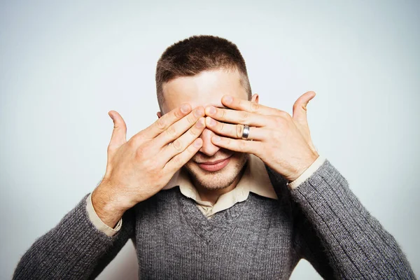 Man Closes Eyes Her Hands — Stock Photo, Image